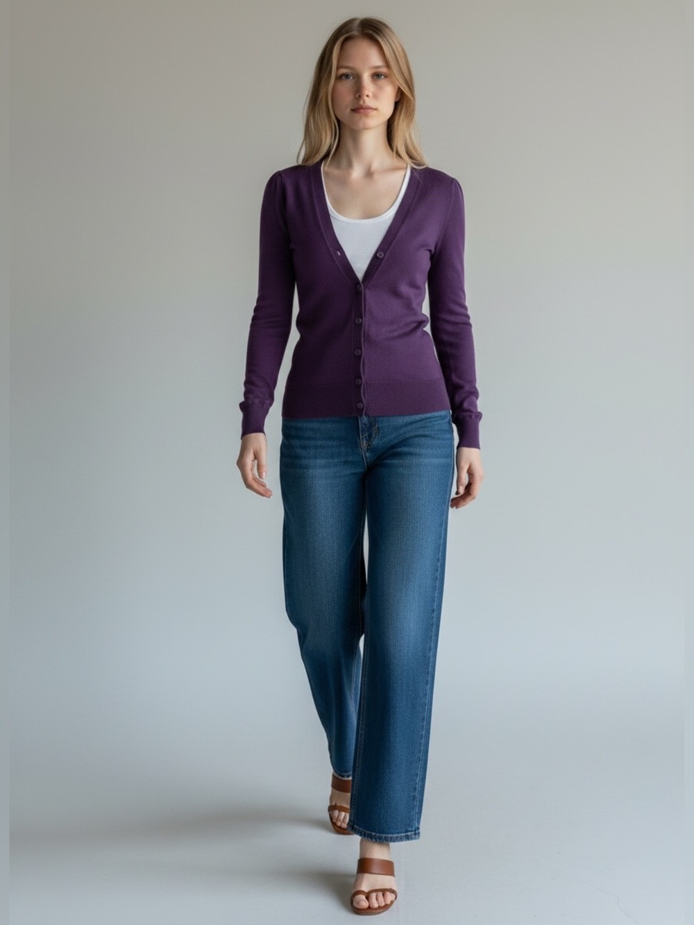 Ricki’s Cardigan V Neck Button Front Fitted Purple Size Small